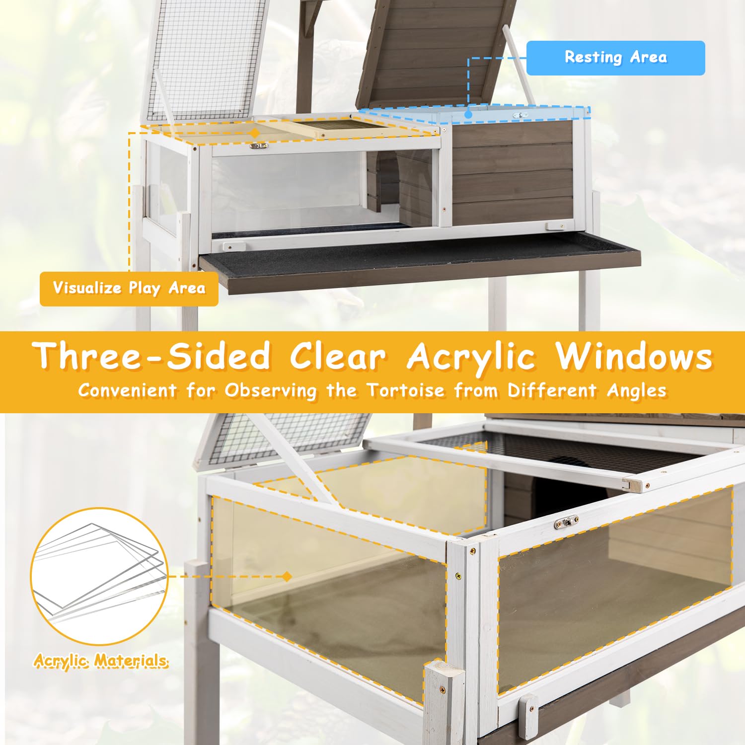 Tortoise Habitat Turtle Enclosure House With Detachable Legs, Wooden Indoor & Outdoor Reptile Cage For Small Animals With Leakpr